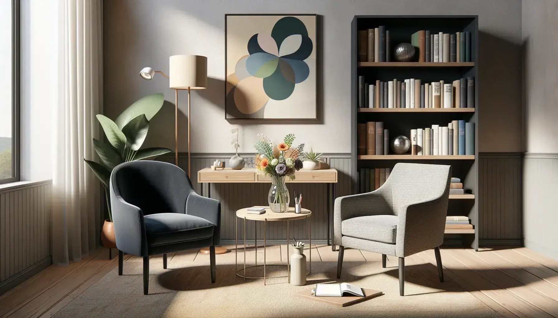 Ufficio psicologia accogliente con poltrona blu, sedia ergonomica grigia, tavolino con vaso di fiori, libreria e quadri astratti.