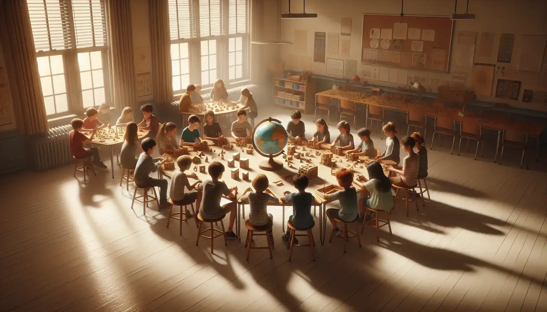 Estudiantes de diversas edades colaborando en actividades educativas con cubos geométricos y un globo terráqueo en un aula iluminada naturalmente.