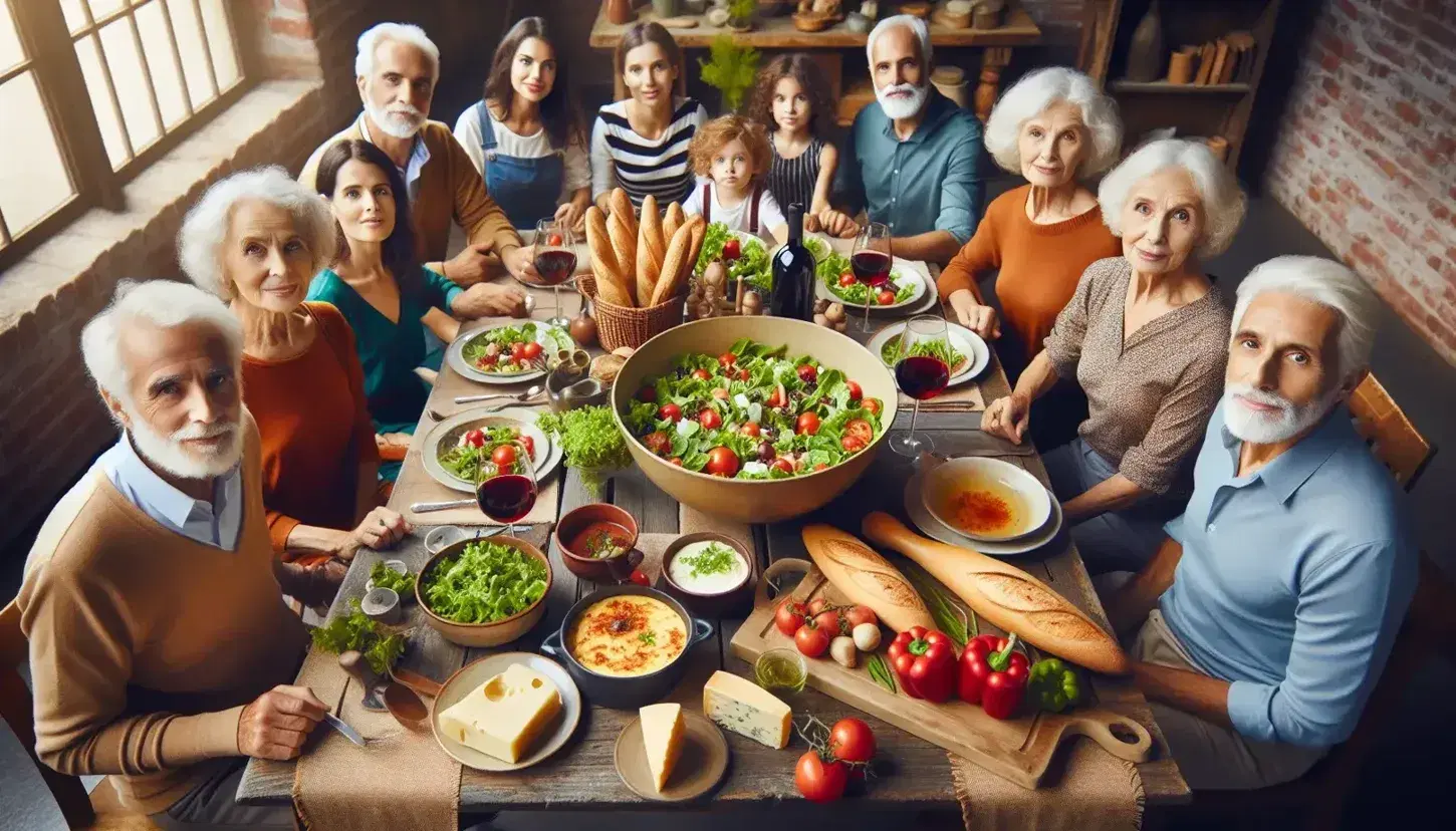 Multi-generational family enjoys a meal with salad, baguettes, cheese casserole, and wine around a rustic table, engaged in lively conversation.