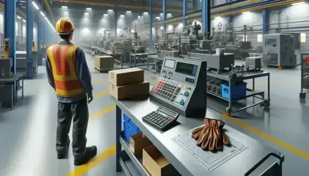 Taller industrial con operario de espaldas manejando maquinaria, banco de trabajo con casco de seguridad y guantes, estanterías con cajas y suelo demarcado.