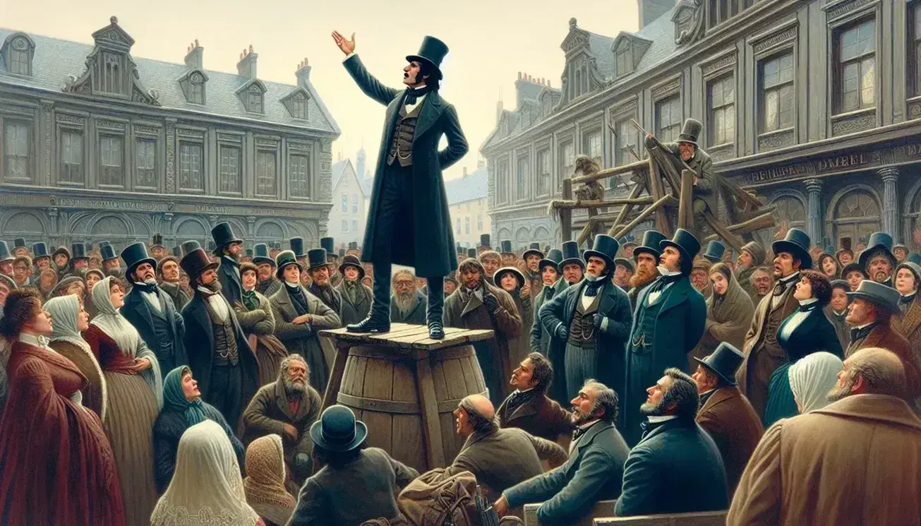 Hombre del siglo XIX dando un discurso apasionado sobre un podio improvisado a una multitud atenta, con edificios europeos históricos de fondo.