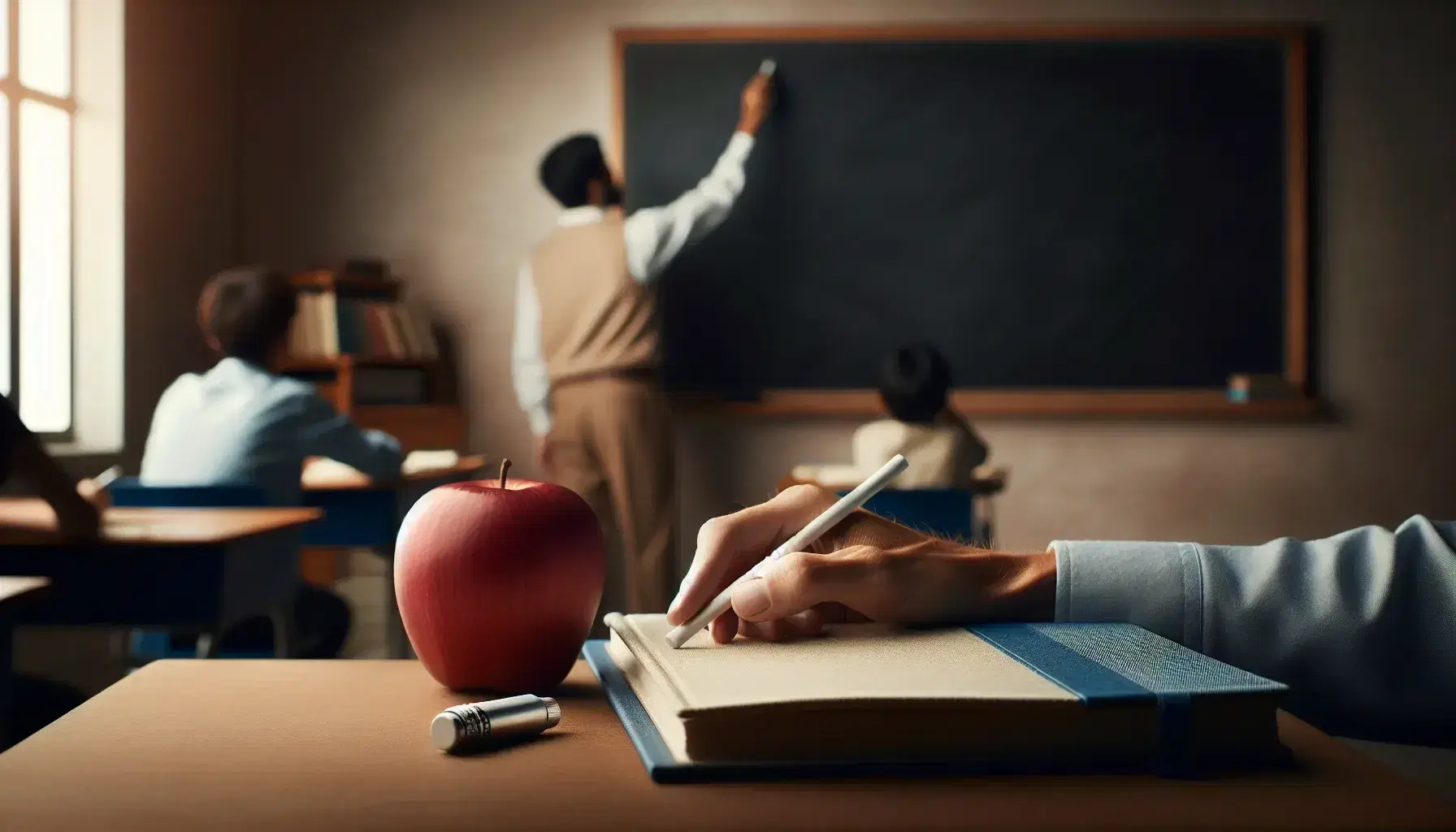 Teacher's hand writing on a clean chalkboard in a sunlit classroom with students, a desk featuring a notebook, pen, and red apple in the foreground.