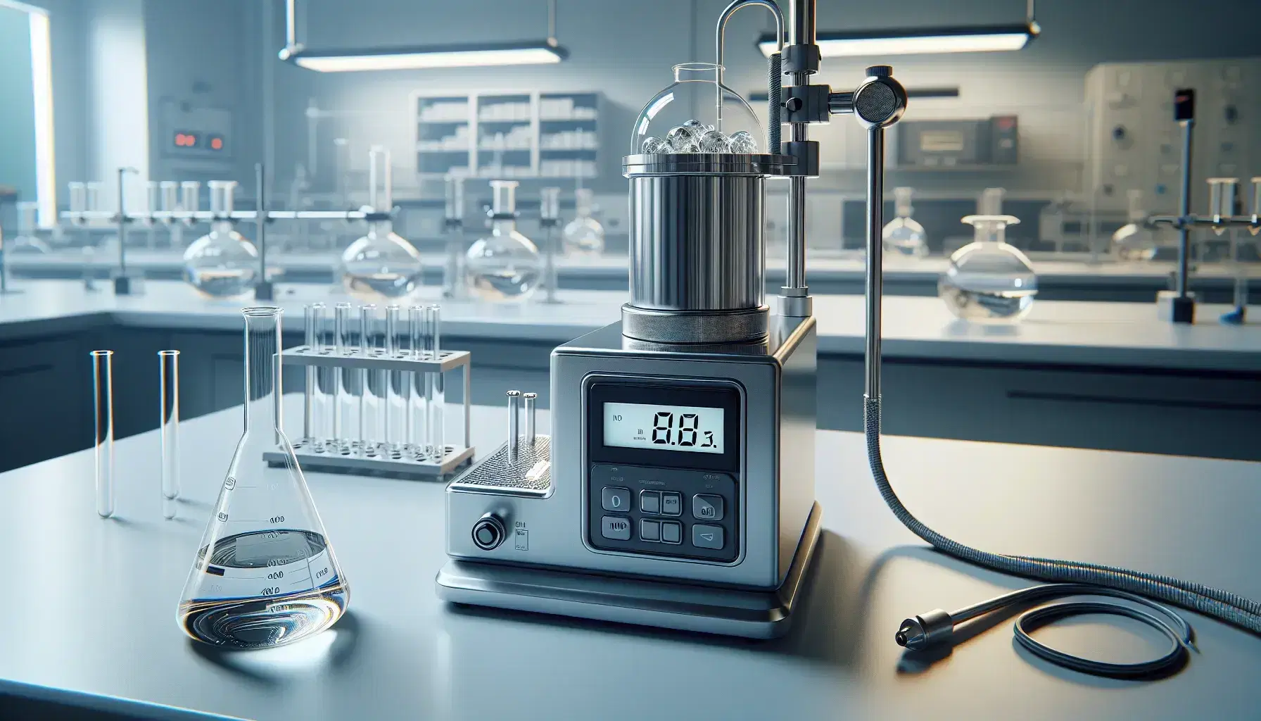 Laboratory with turned off metallic cylindrical calorimeter and beaker with water and ice, blurred background with laboratory glassware.