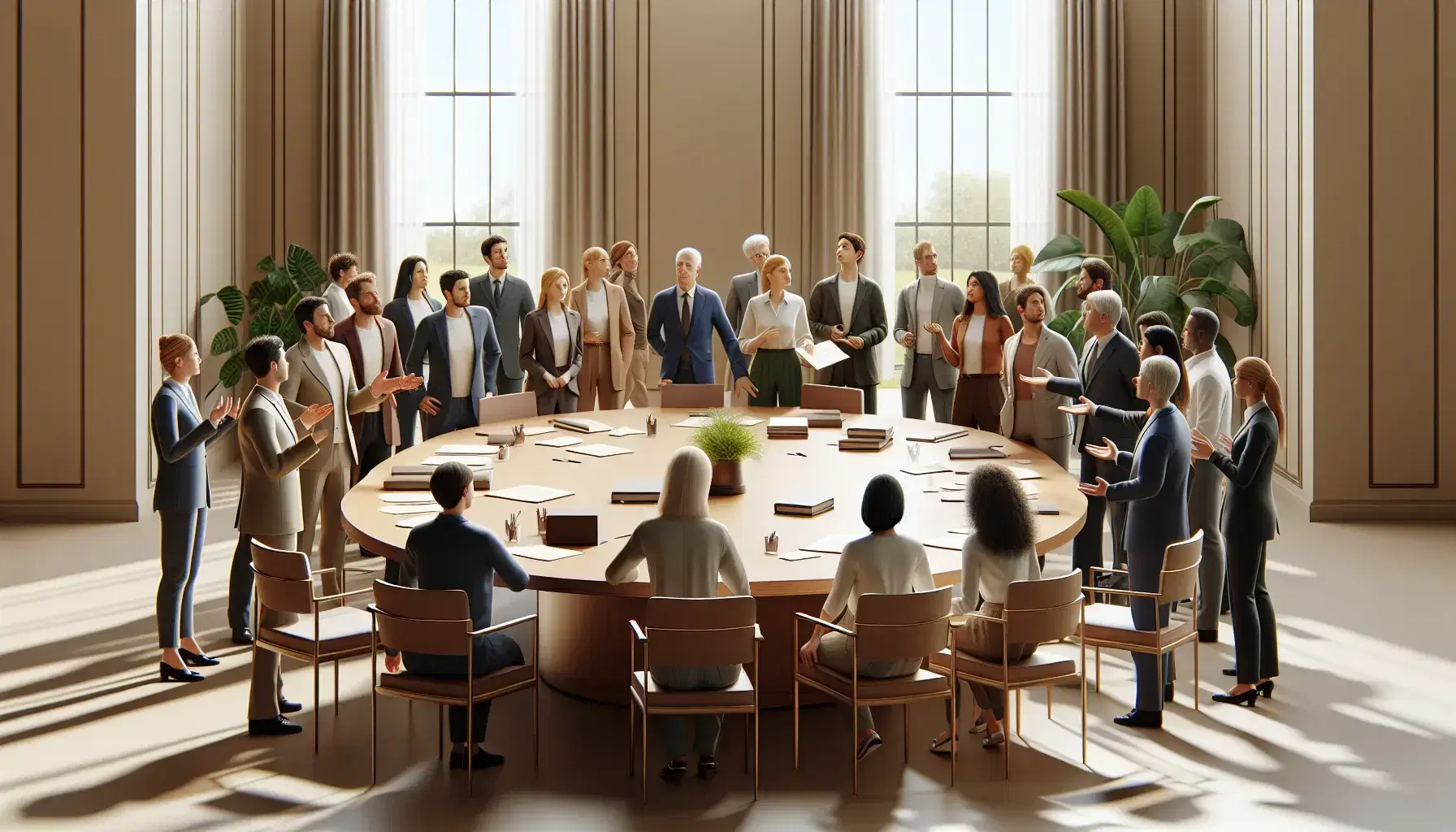 Grupo diverso de personas en reunión alrededor de una mesa redonda con documentos y bolígrafos, en un ambiente iluminado con luz natural.