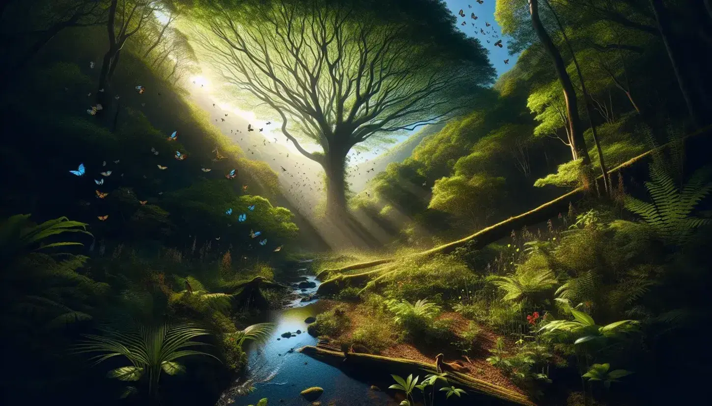 Foresta rigogliosa con grande albero, foglie verdi, fiori colorati, ruscello scintillante, insetti e uccelli in volo.
