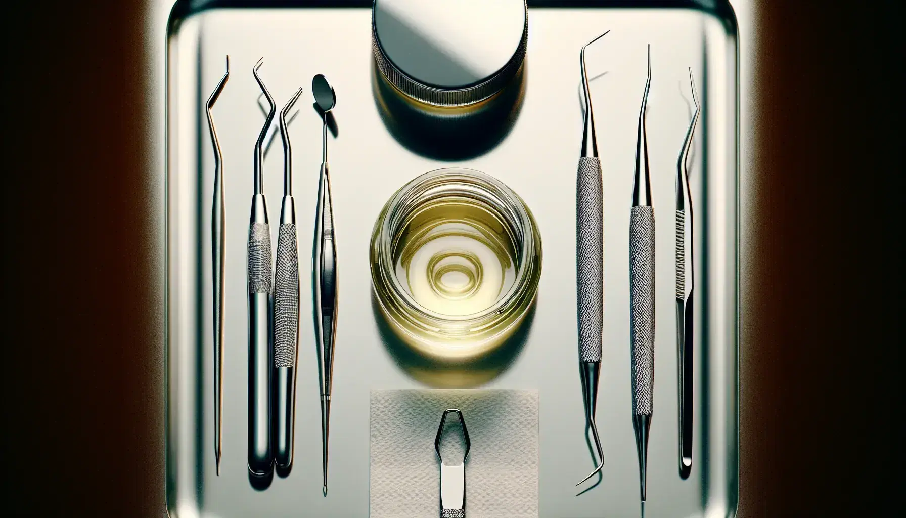 Instrumental odontológico en bandeja metálica con aplicador de adhesivo, espátula, pinzas dentales, espejo y frasco de líquido viscoso amarillento.