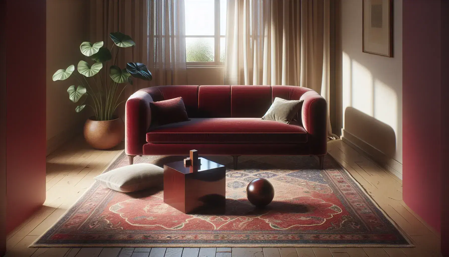 Sofá de terciopelo rojo oscuro con cojín gris en habitación iluminada, mesa de madera con figuras geométricas y alfombra persa en el suelo.