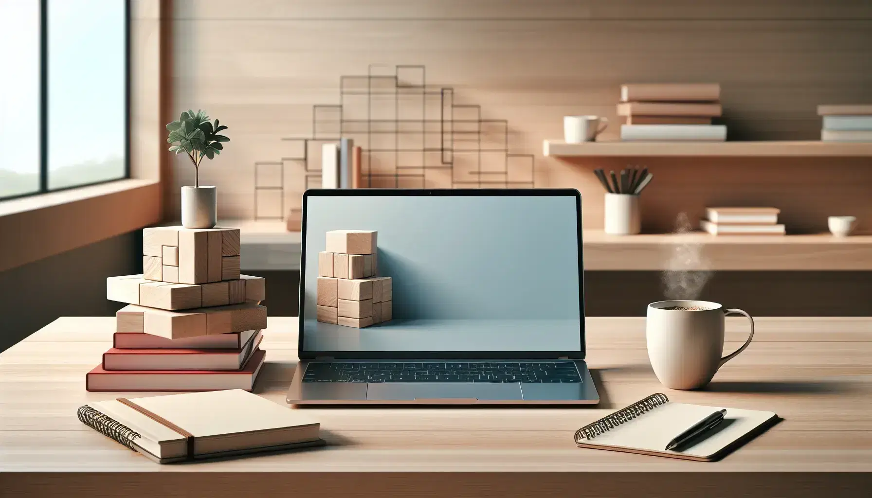 Escritorio de oficina de madera clara con laptop abierto, cuaderno rojo, bolígrafo negro, planta en maceta blanca y taza de café humeante, en ambiente iluminado naturalmente.