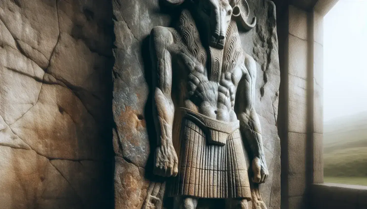 Estatua de piedra antigua de criatura mitológica con cabeza de animal y cuerpo humano, vestida con falda tallada, frente a pared lisa de piedra.