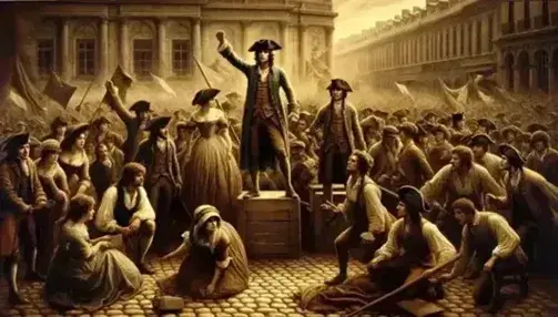 Scene from the French Revolution with people in 18th century clothing, a woman incites the crowd, background of square and classical buildings.