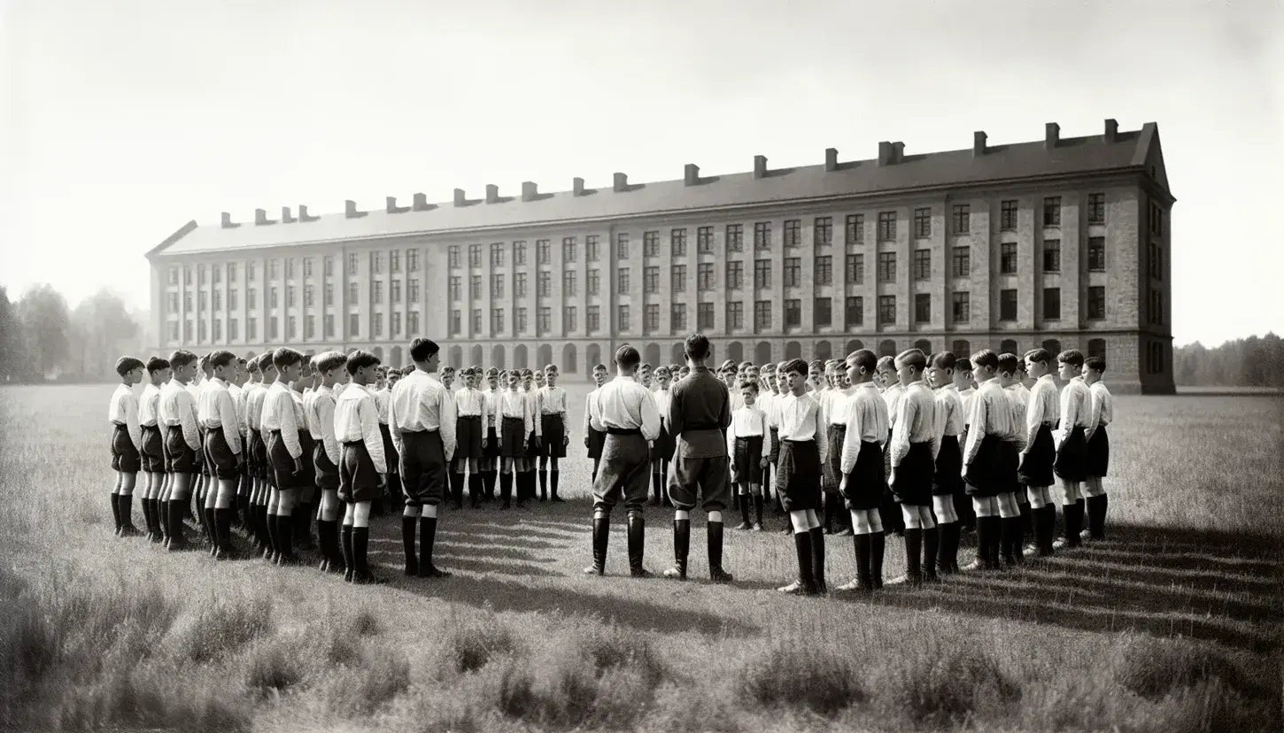 Group of uniformed youths in formation on a grassy field facing an adult in formal attire, with a stark stone building and clear blue sky in the background.