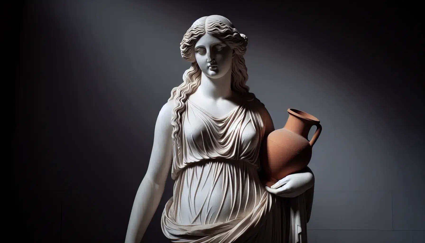 Statua in marmo bianco di figura femminile con vestito drappeggiato e vaso terracotta, su piedistallo grigio, illuminazione soffusa.