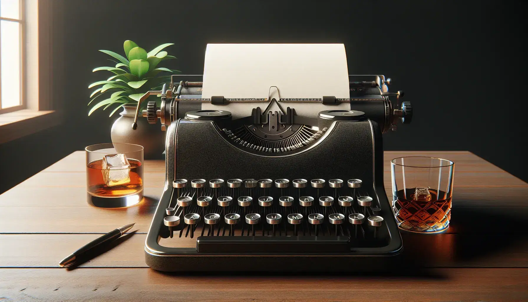 Vintage typewriter with blank paper on a wooden desk, accompanied by a glass of whiskey with ice and a potted plant with lush green leaves.