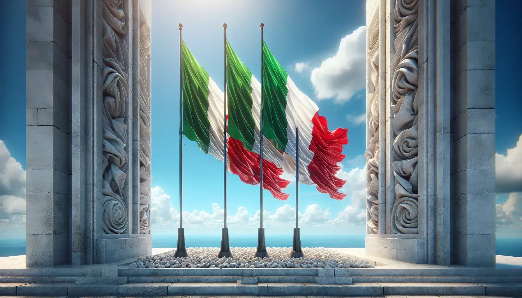 Tre bandiere italiane sventolano al vento su pali metallici, con sfondo di cielo azzurro e nuvole bianche, accanto a un monumento in marmo.