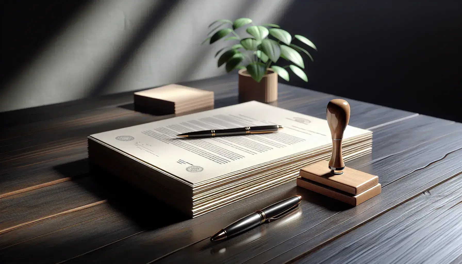 Mesa de madera oscura con documentos apilados, pluma metálica y sello de goma junto a planta desenfocada, ambiente de oficina sereno.