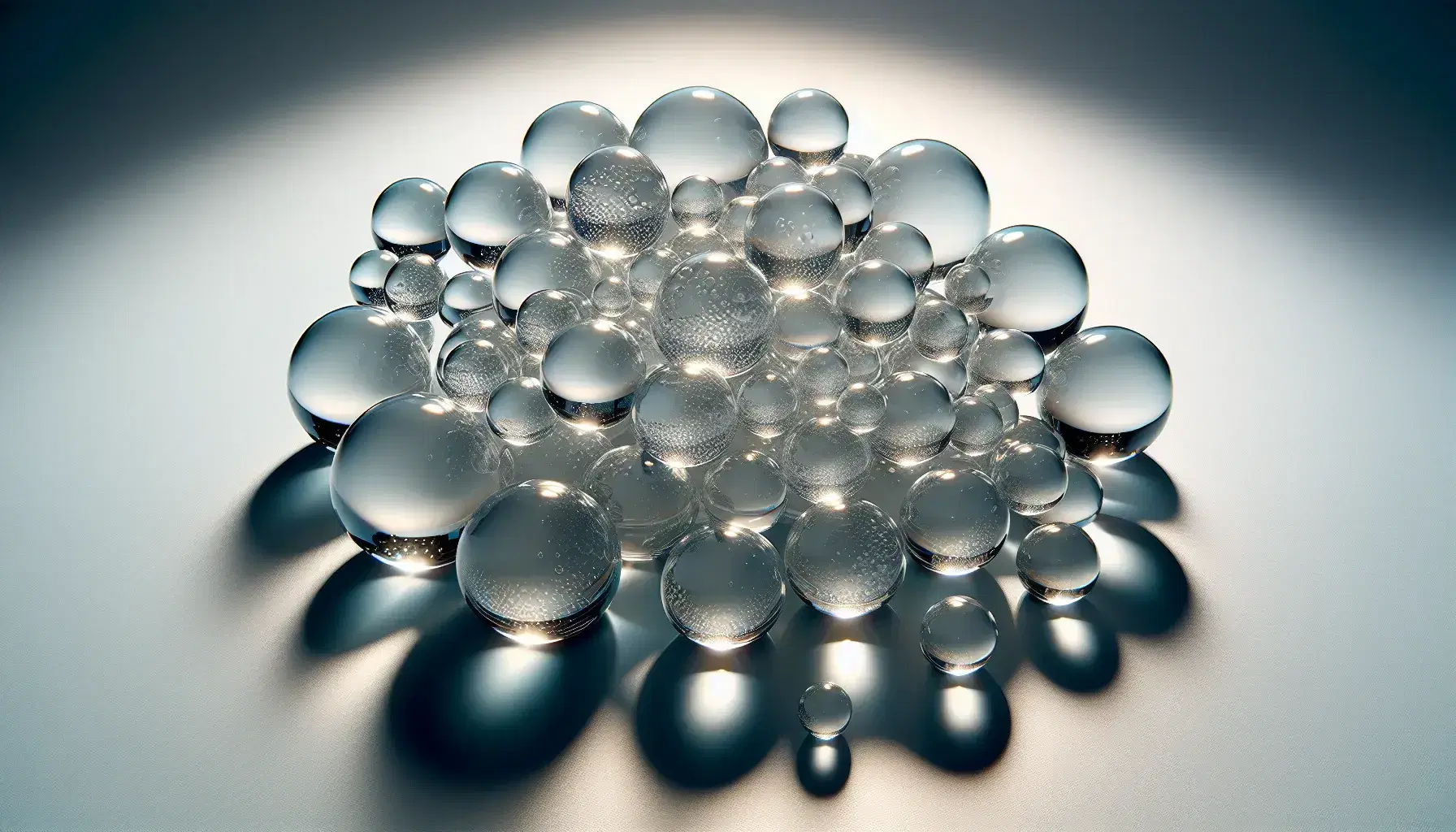 Esferas de vidrio transparentes de distintos tamaños sobre superficie gris, reflejando y refractando luz con sombras y destellos.