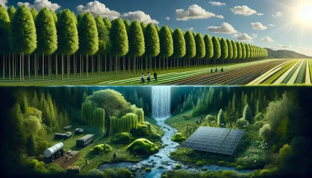 Paesaggio naturale con campo coltivato, cintura verde di alberi, cielo azzurro con nuvole, cascata e pannelli solari.
