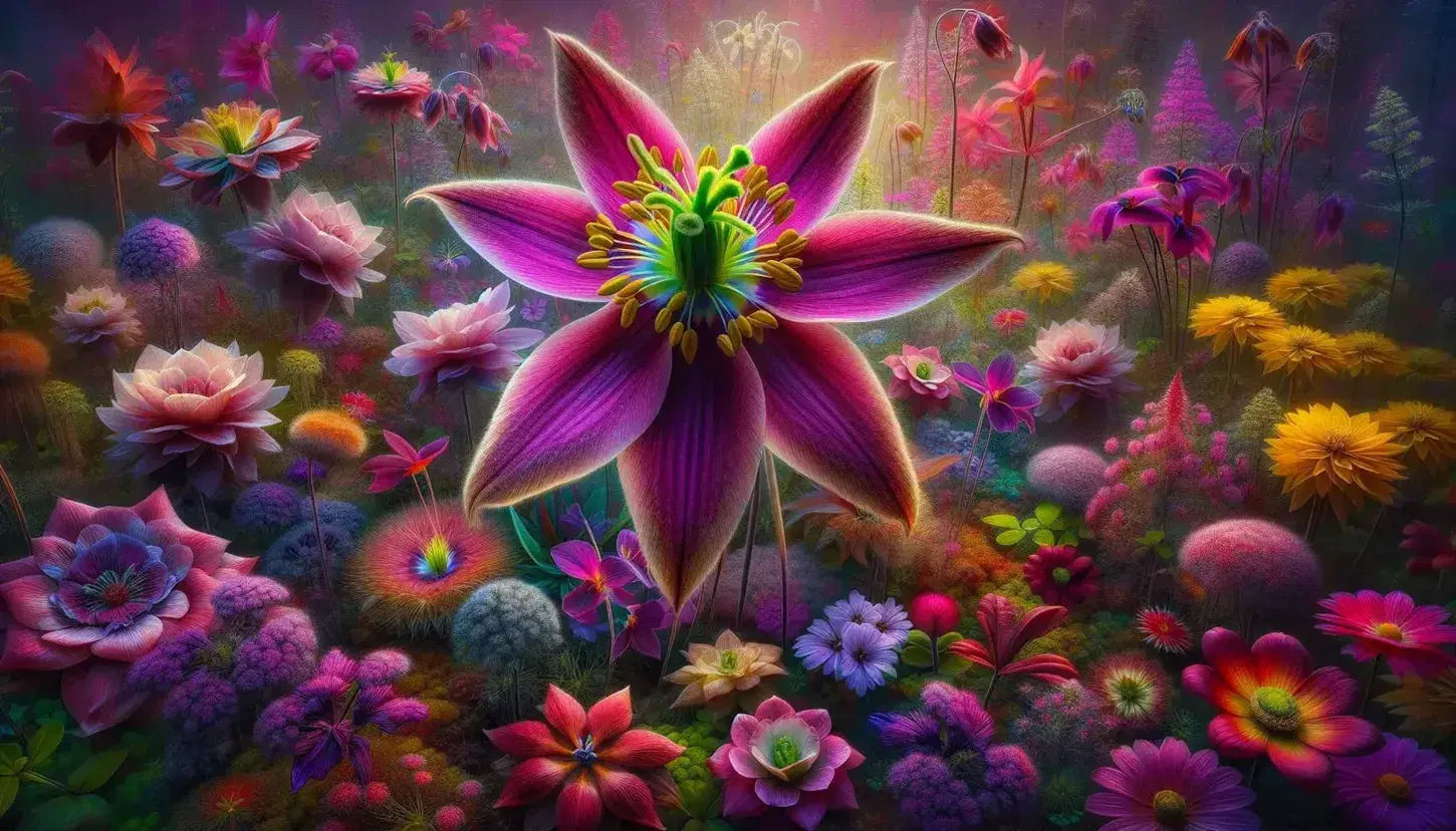 Vibrant garden bed with a variety of blooming angiosperms, featuring a magenta-to-pink gradient flower with yellow stamens, surrounded by diverse, colorful flora and butterflies.