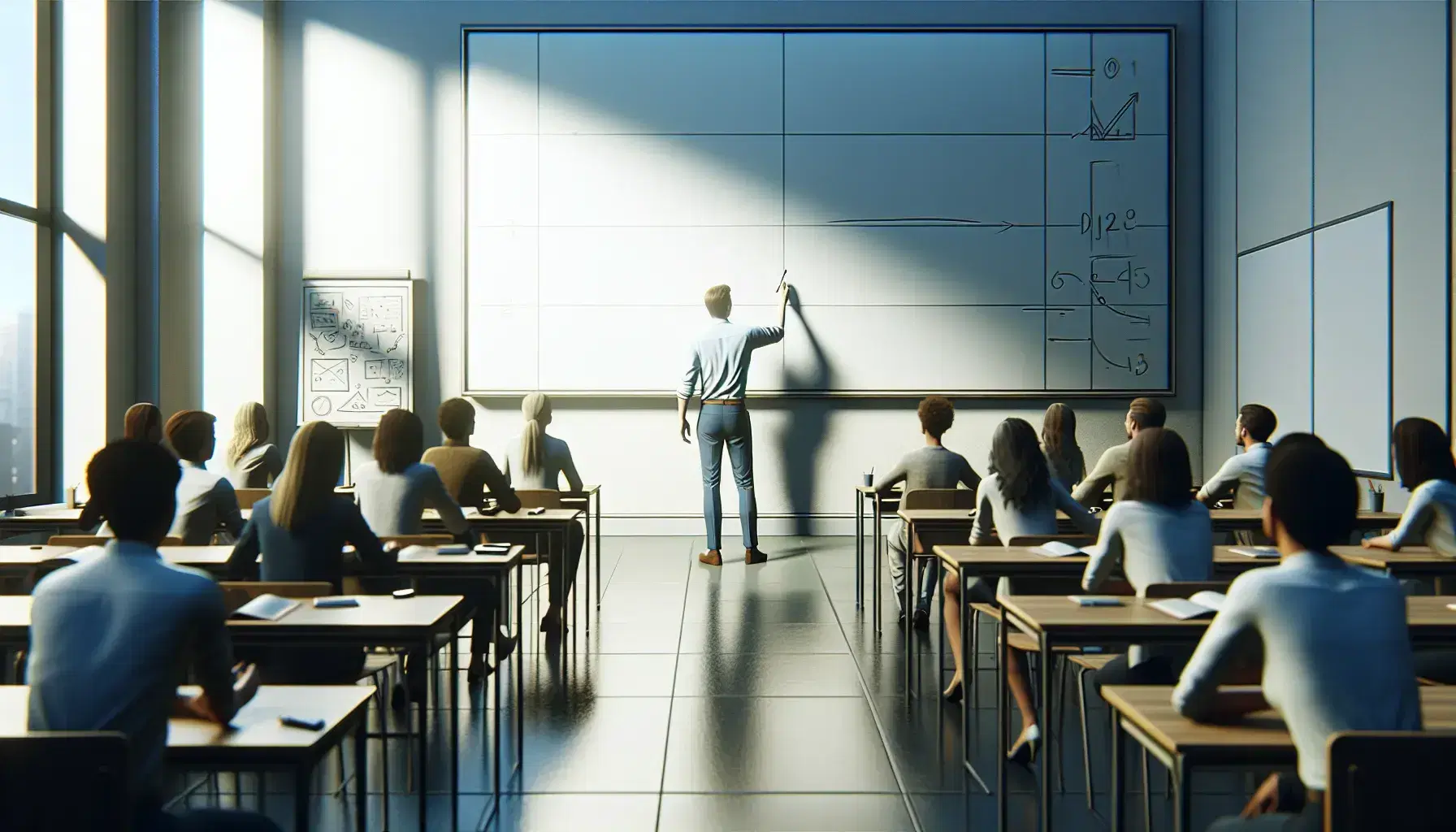 Teacher gesturing while teaching in a well-lit classroom with attentive students seated in a semi-circle, a blank whiteboard, and a non-detailed globe in the corner.