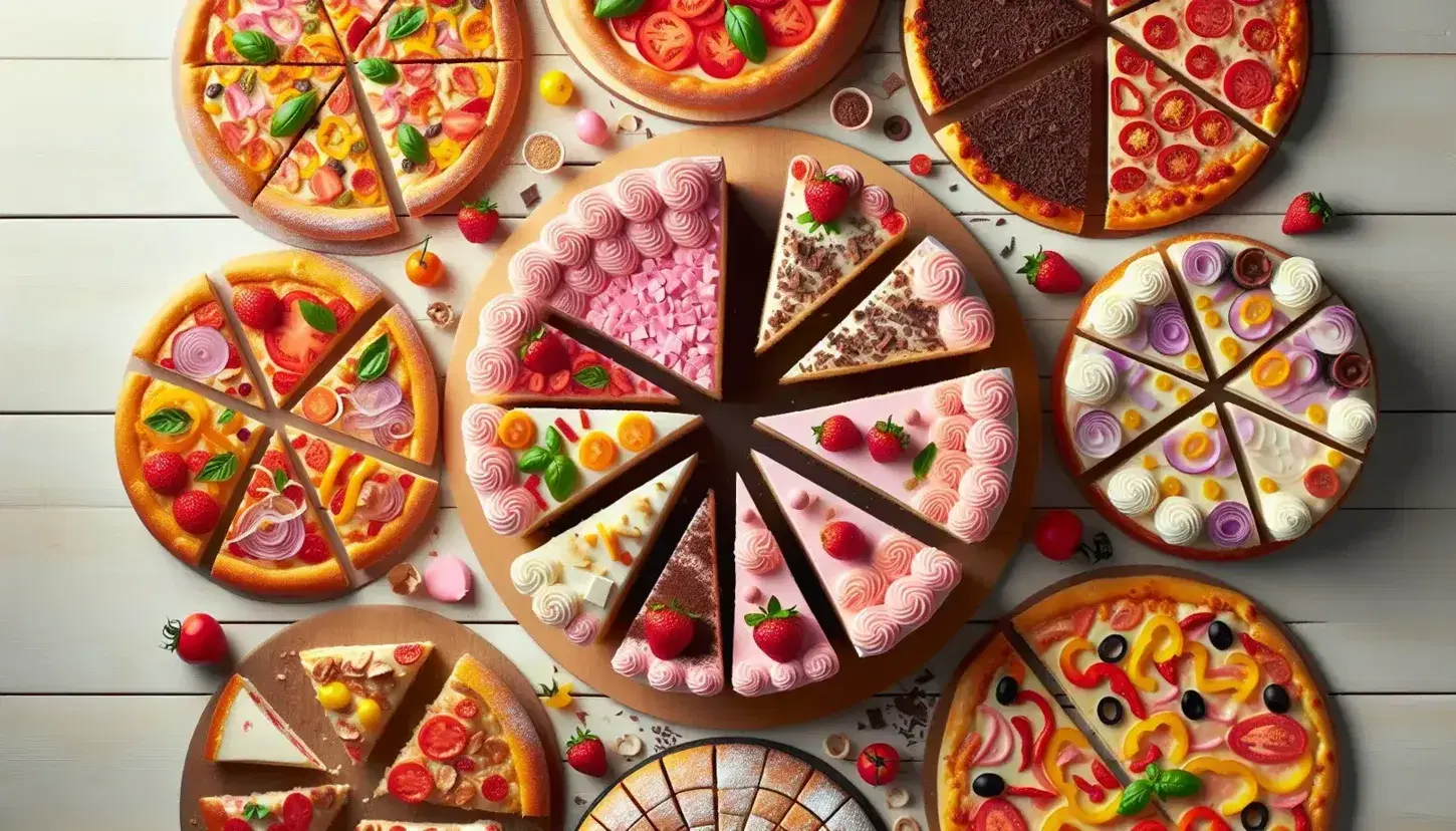 Tavolo in legno chiaro con assortimento di torte e pizze tagliate: torta rosa con fragole, pizza margherita, torta al cioccolato e pizza vegetariana.