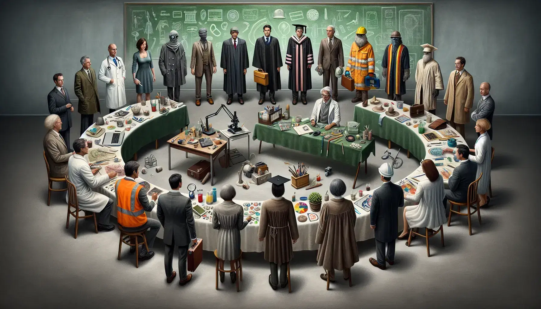 Grupo diverso de profesionales en semi-círculo con indumentaria característica, desde médico hasta artista, frente a pizarra verde y mesa con objetos de trabajo.