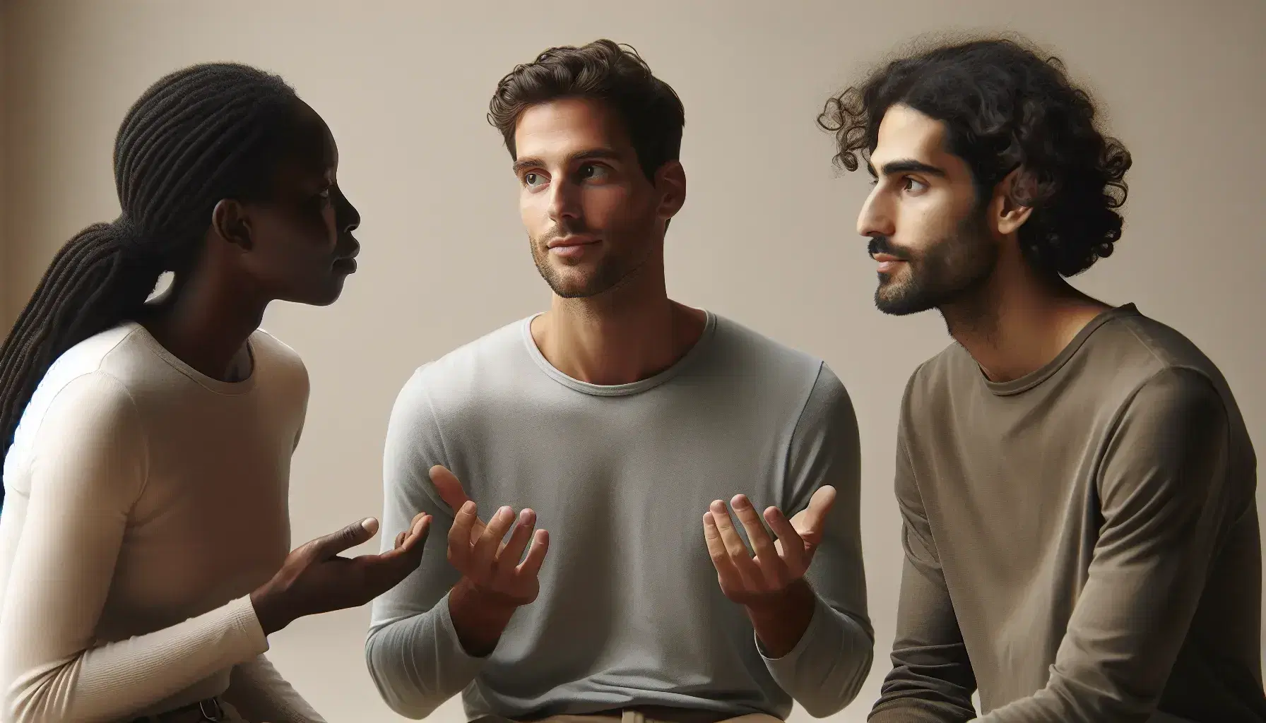 Three people in conversation: Caucasian man in the center gestures, black woman nods on the left, Middle Eastern man on the right leans forward.