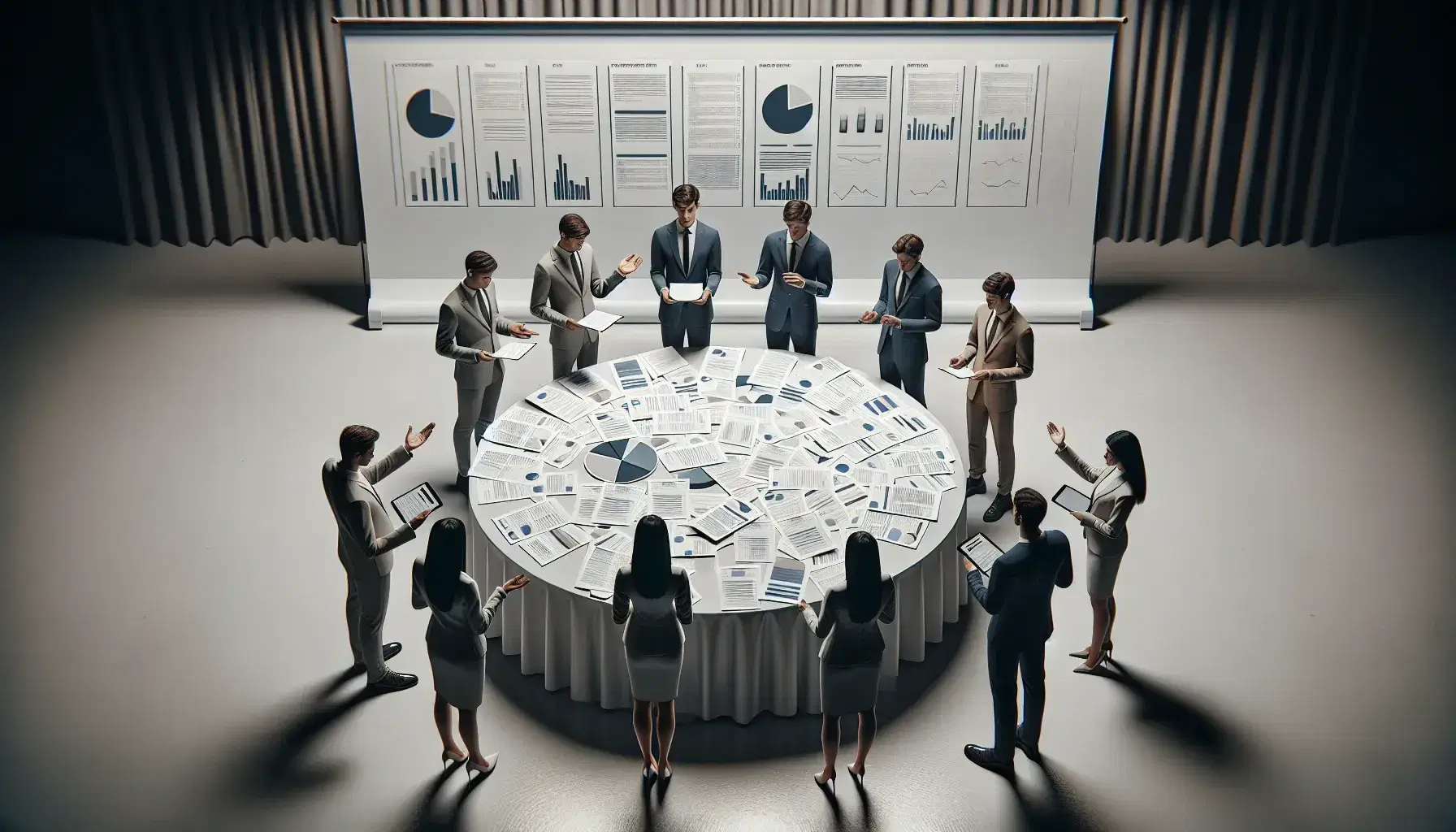 Grupo de cinco profesionales en reunión de trabajo alrededor de una mesa redonda con papeles, gráficos y dispositivos digitales en una sala iluminada.