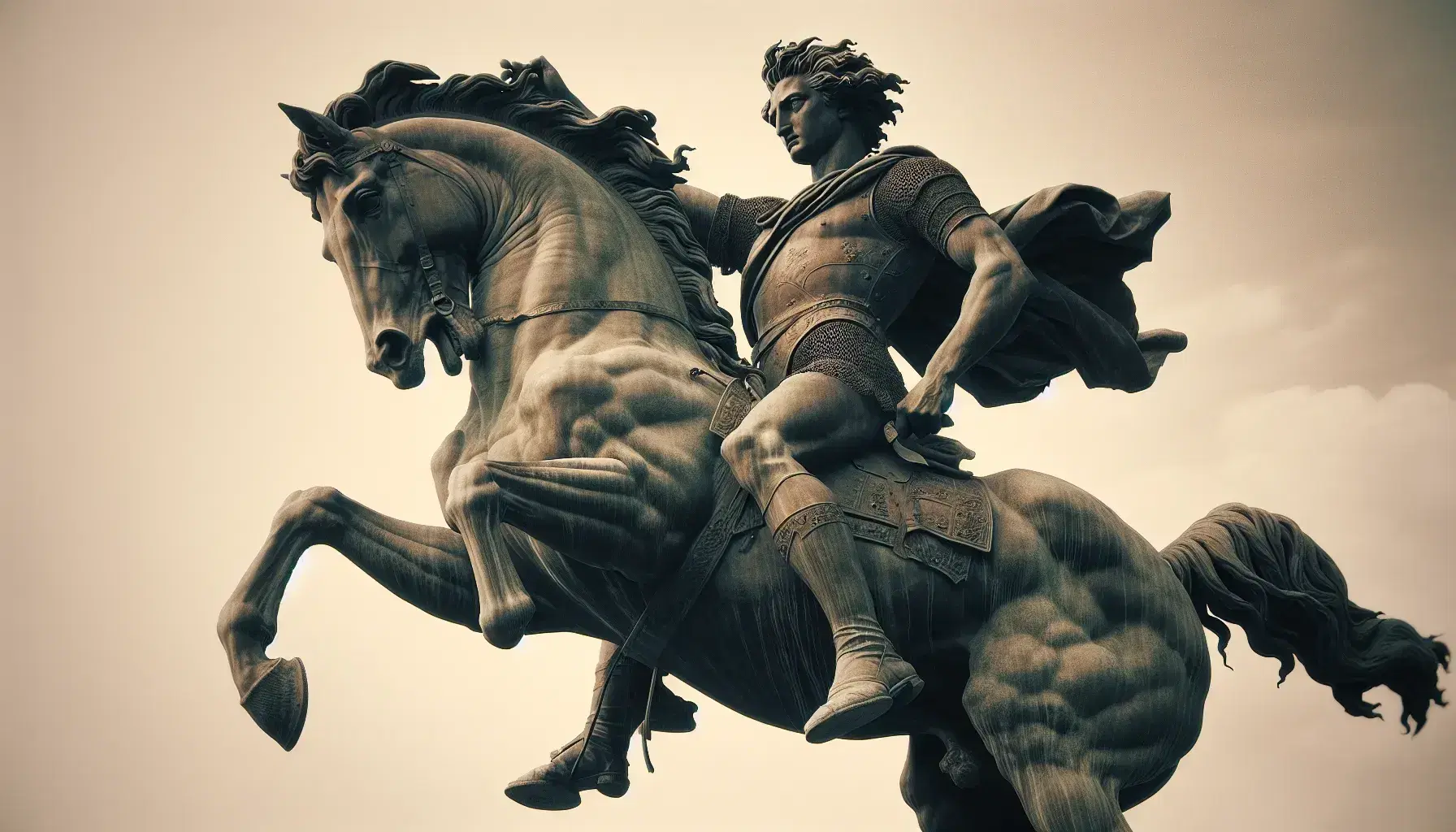 Statua in bronzo di uomo in armatura su cavallo impetuoso, con dettagli intricati e posa dinamica, su piedistallo semplice.