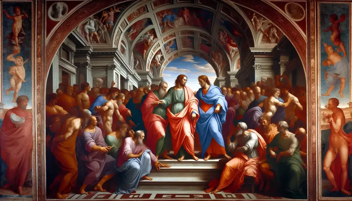 Affresco rinascimentale con due figure maschili centrali in mantelli rosso e blu, circondati da personaggi in un'aula classica.