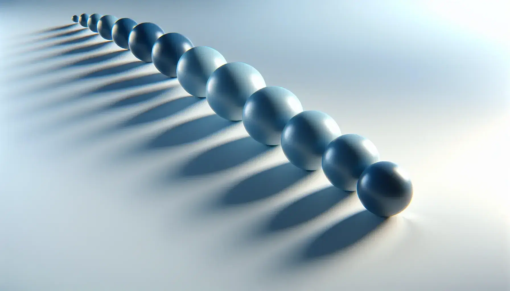 Three-dimensional spheres in shades of blue arranged in a row by increasing size on a white background with delicate shadows on the gray surface.