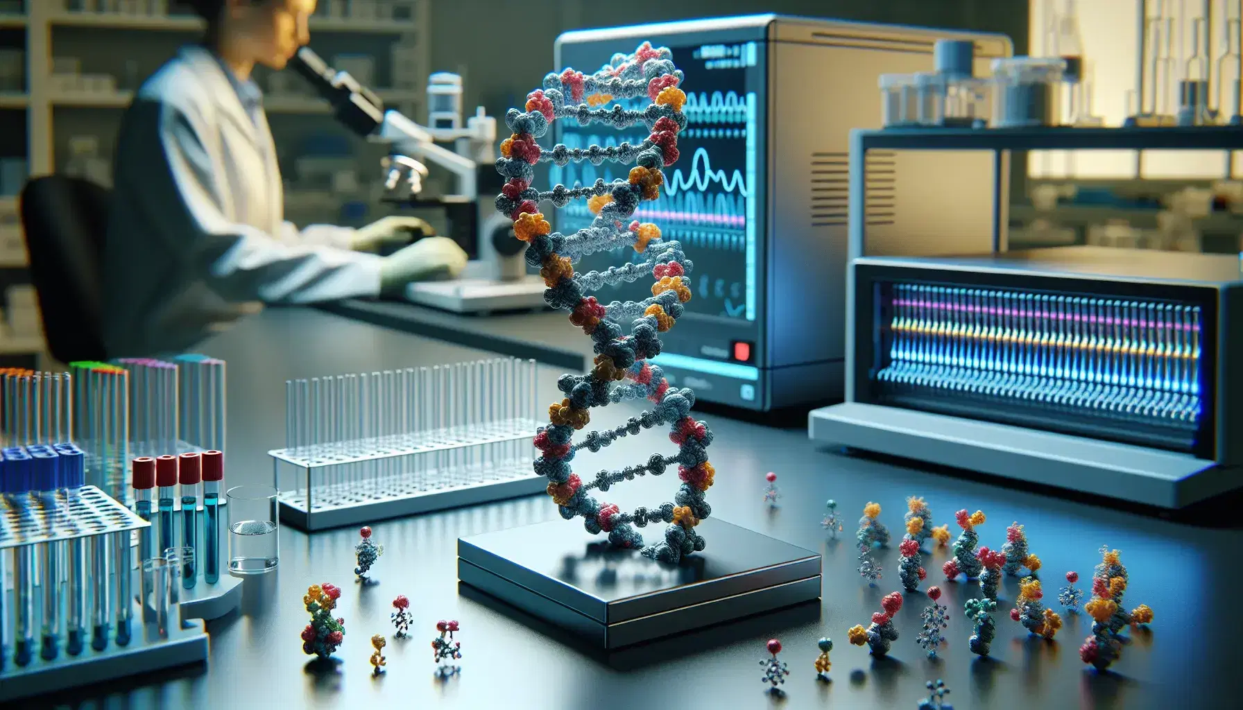 Close-up of a laboratory with three-dimensional molecular model of colorful RNA and genetic sequencing machine next to researcher with test tube.