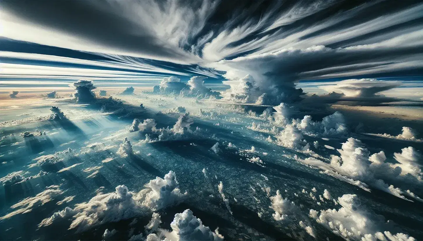 Vasto paesaggio aereo con cielo nuvoloso, da cirri a cumulonimbus illuminati dal sole, su terra verde con campi e boschi.