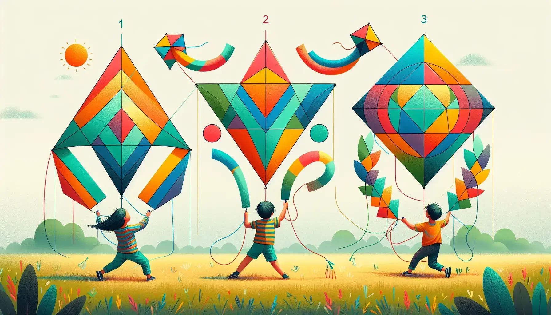 Tre bambini giocano all'aperto con aquiloni colorati a forma di triangoli equilatero, isoscele e scaleno su erba verde e cielo sereno.