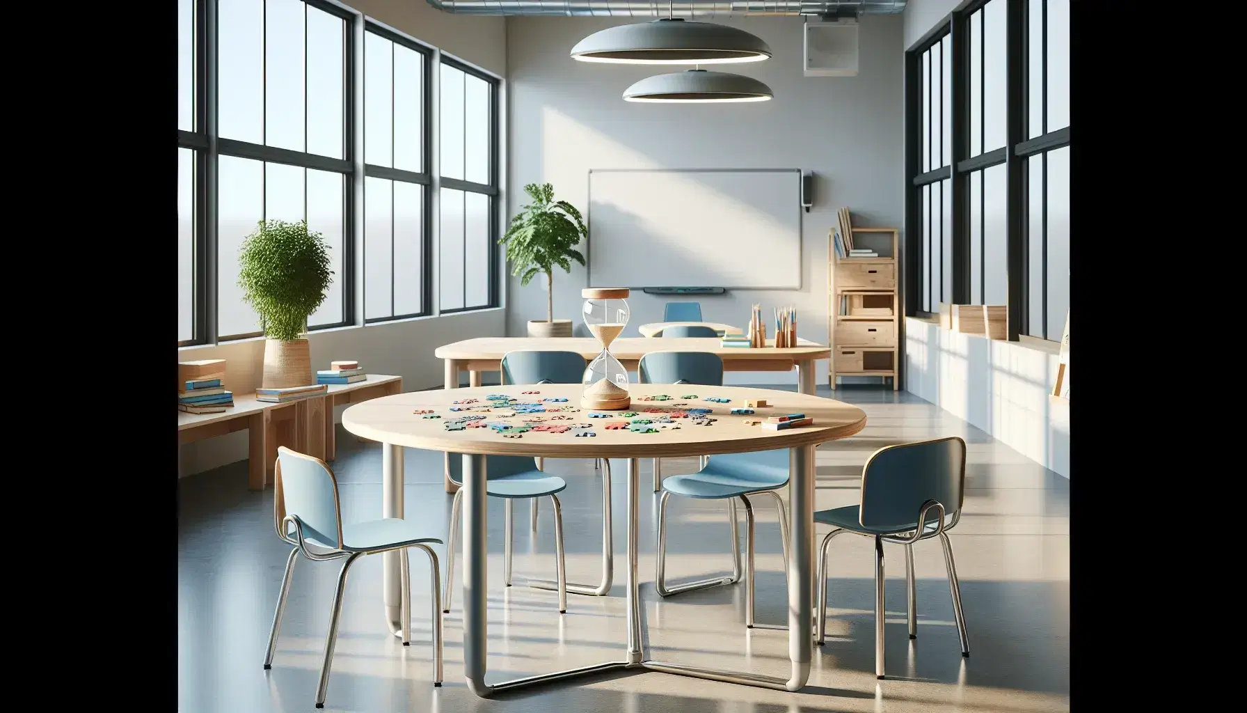 Aula moderna y luminosa con mesa de madera y rompecabezas parcialmente armado, sillas escolares azules, reloj de arena, pizarra blanca y planta verde.