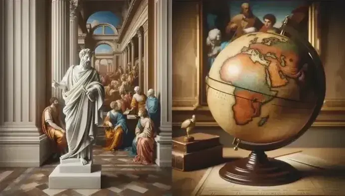 Statua marmorea di filosofo rinascimentale con toga e corona d'alloro, globo terrestre antico e dipinto barocco sfocato in ambiente accademico.