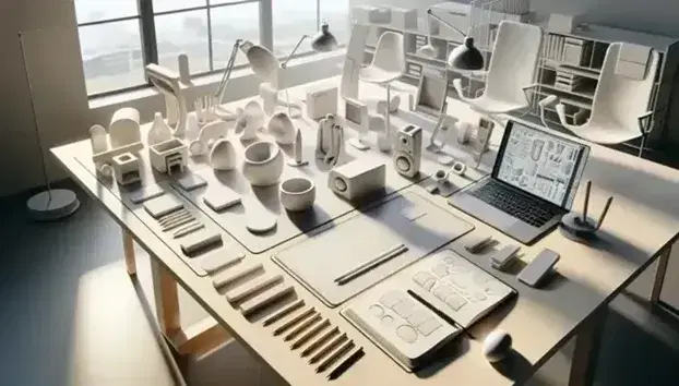Escritorio de trabajo con modelos tridimensionales, regla metálica, lápices, cuaderno abierto y laptop con programa de diseño, iluminado por luz natural de ventana con vista a la ciudad.