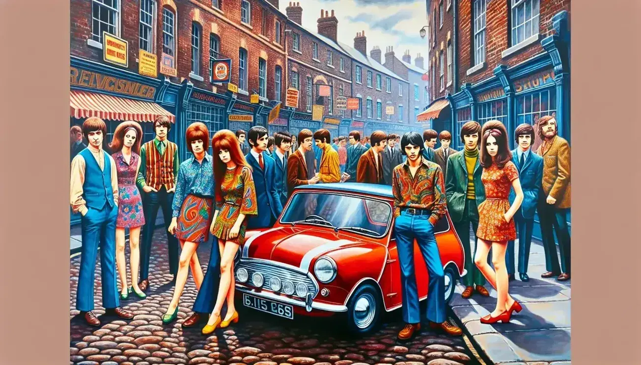 1960s Britain street scene with trendy youth in colorful fashion, classic British car, cobblestone pavement, and traditional architecture.