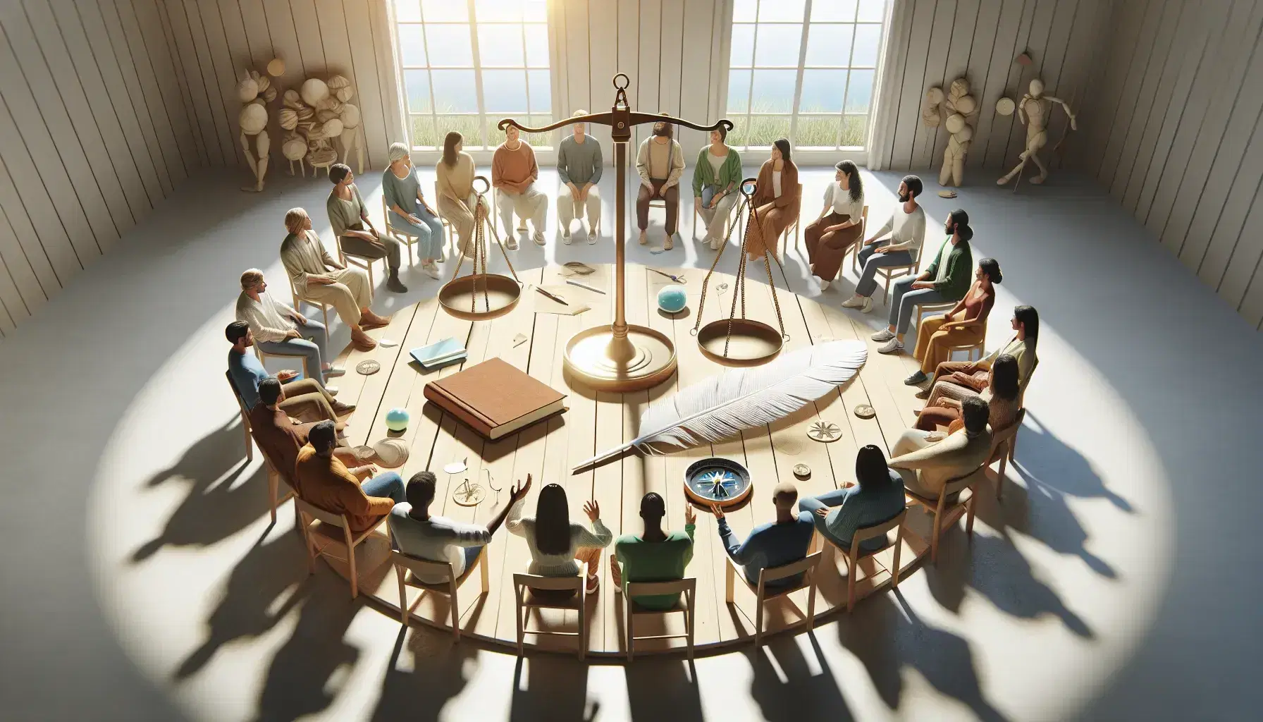 Grupo diverso de personas sentadas en círculo alrededor de una mesa con balanza, brújula apuntando al norte y pluma junto a cuaderno cerrado en sala iluminada con ventana y cielo despejado.