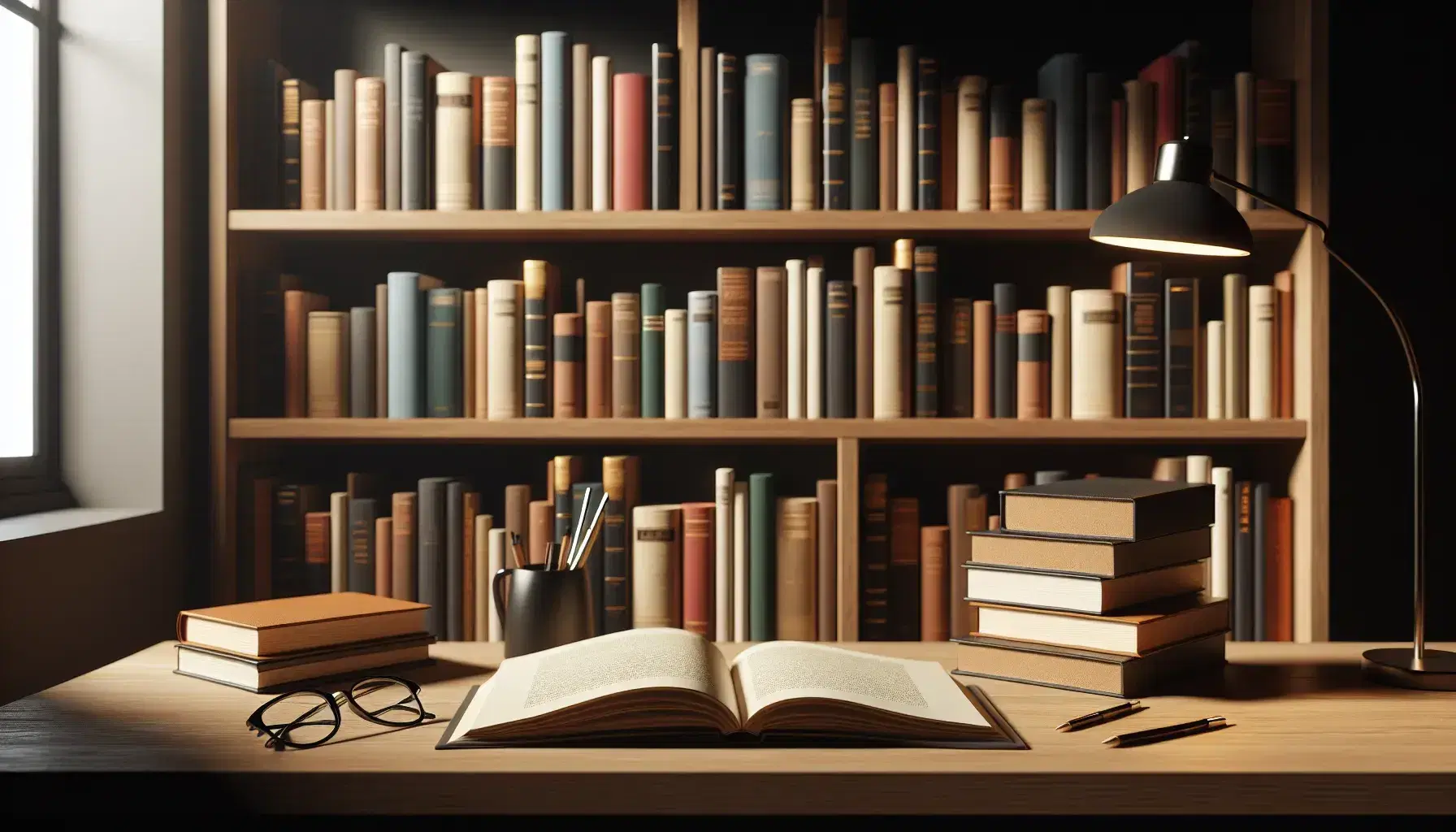 Estantería de madera oscura repleta de libros coloridos junto a mesa con libro abierto, gafas y lámpara de pie encendida, ambiente acogedor.