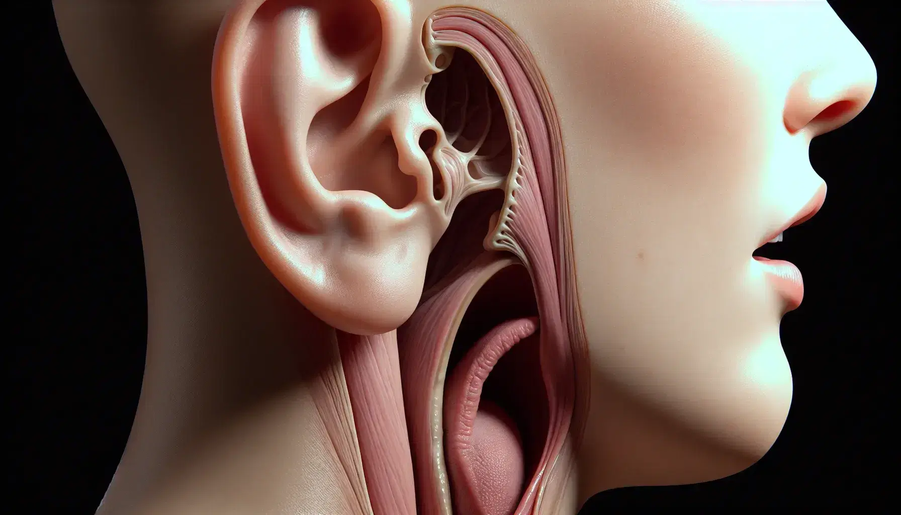 Primer plano de oreja humana con canal auditivo, cartílago tiroideo visible y boca parcialmente abierta mostrando dientes y lengua.
