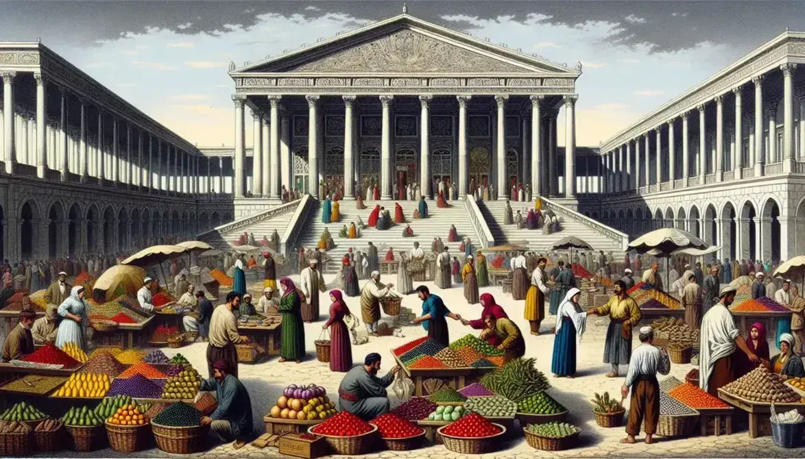 Bustling marketplace with diverse crowd trading with colorful bills and coins, fresh produce on display, handcrafted goods, and a classical government building in the background.