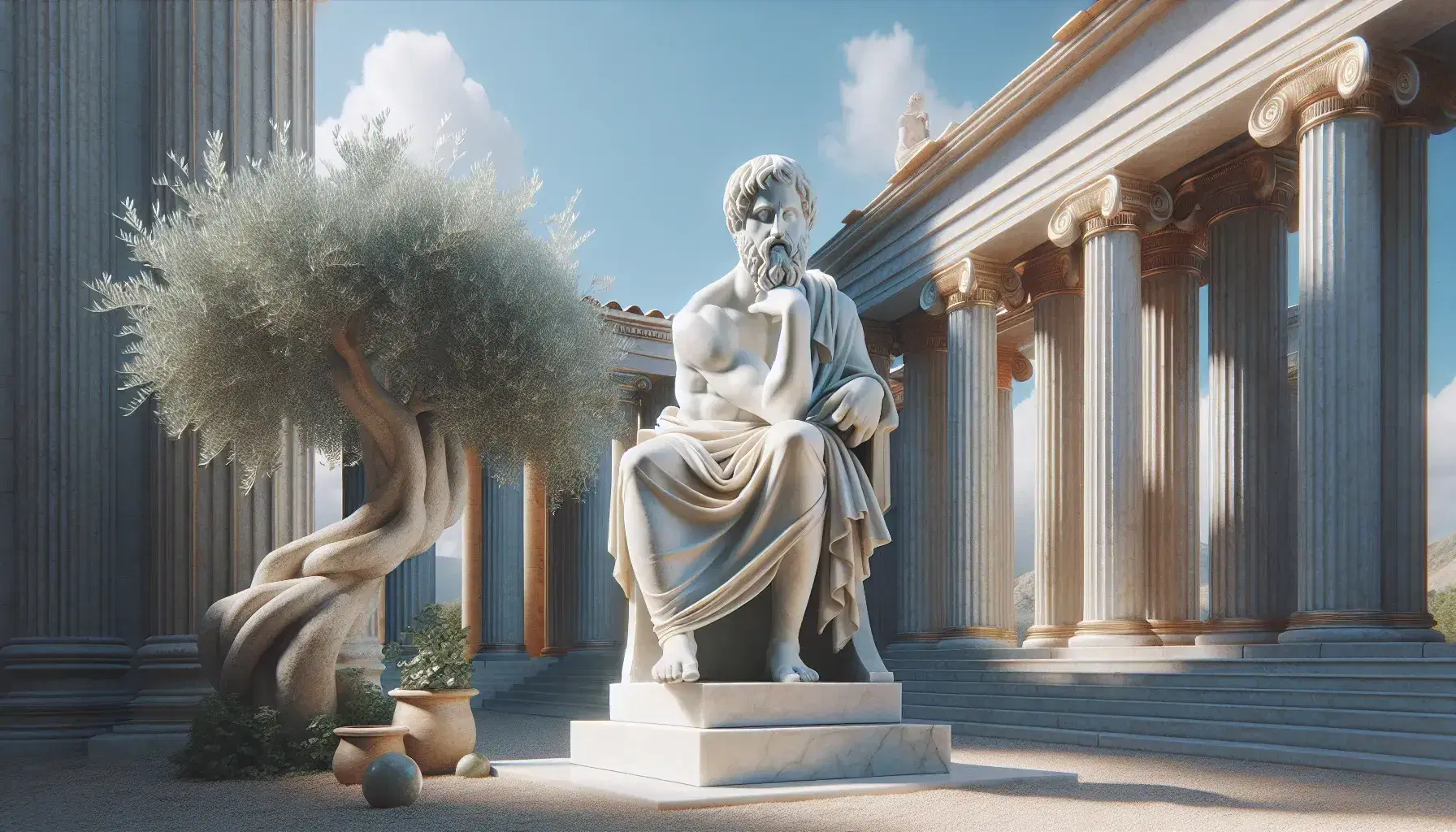 Estatua de mármol blanco de Platón en pose pensativa con fondo de columnas dóricas y cielo azul, junto a escalinata y olivo.