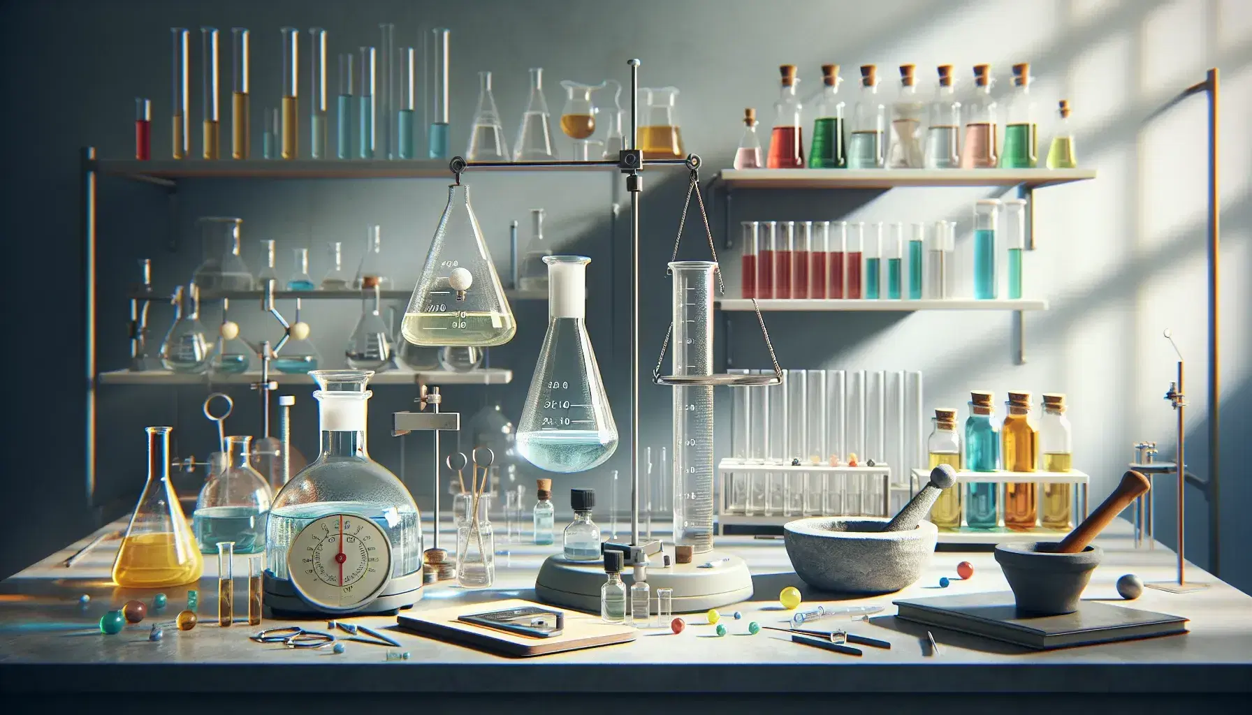 Laboratorio de química con matraz Erlenmeyer de líquido azul claro, vaso con solución amarilla, tubos de ensayo de colores, balanza analítica y mortero con polvo blanco.