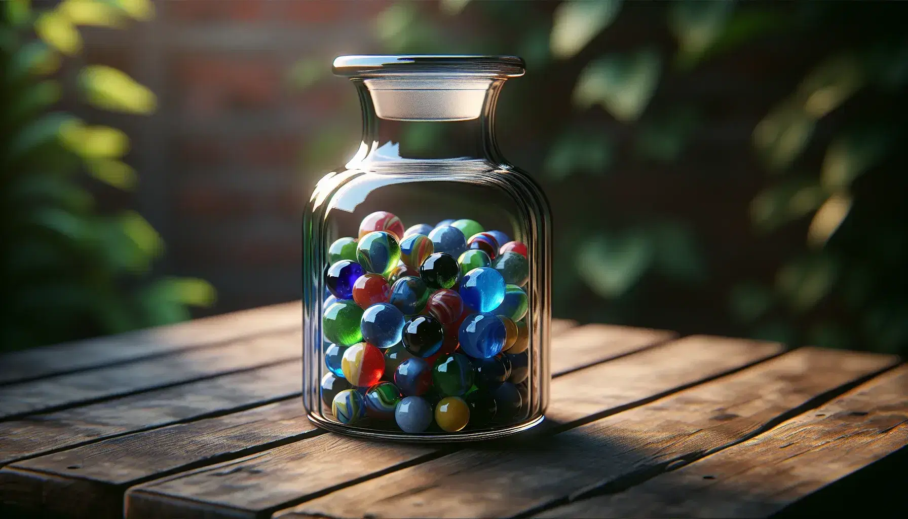 Glass bell jar full of multicolored marbles on wooden table, with green blurred background.