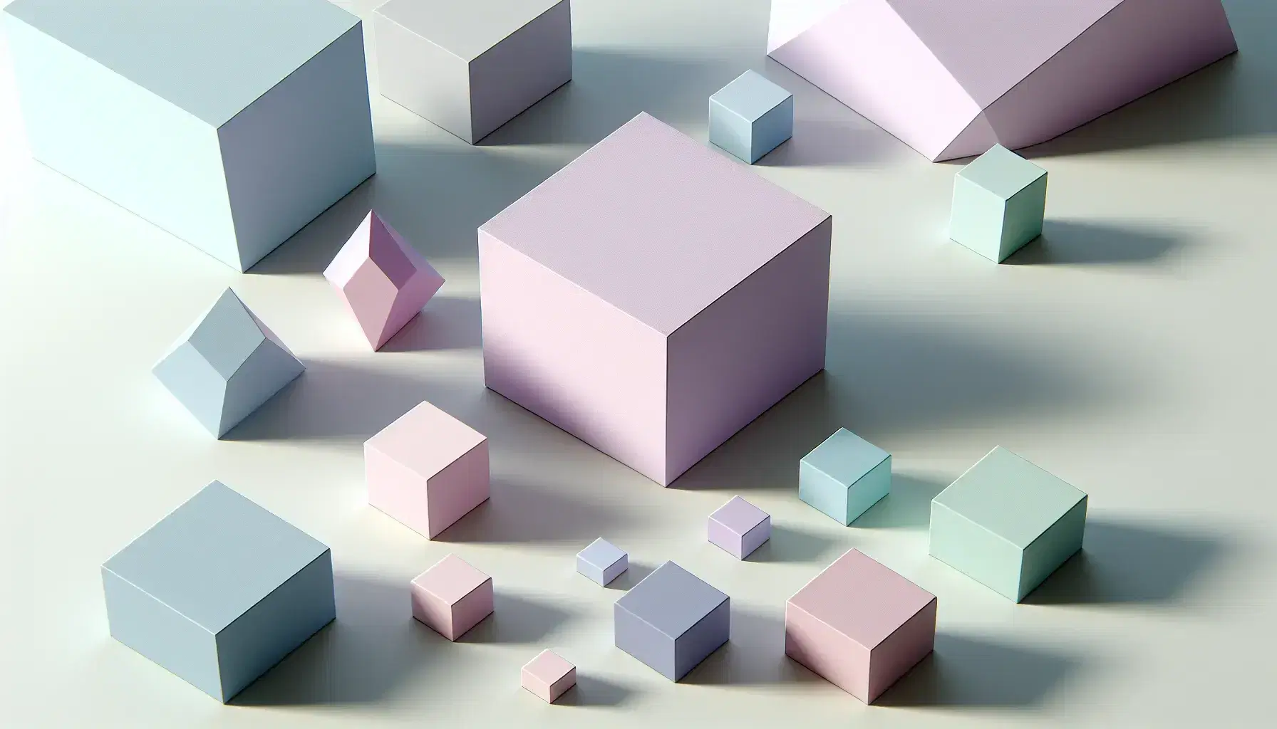 Pastel-colored rhombuses with soft shadows on a light gray background, arranged randomly with a prominent lavender rhombus at the center.