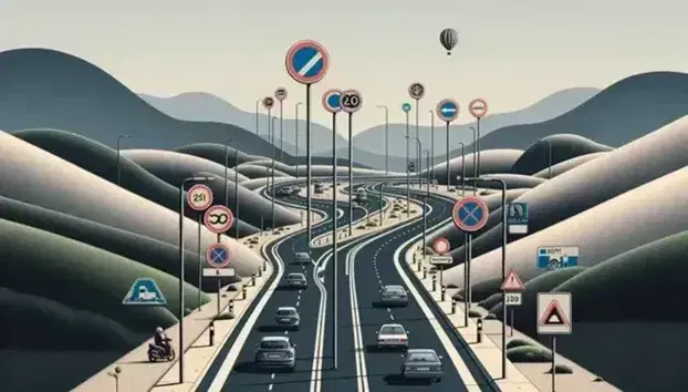Strada asfaltata serpeggiante tra colline con segnali stradali colorati, auto e moto in movimento, pallone aerostatico nel cielo azzurro.