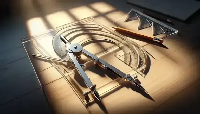 Set di strumenti geometrici su superficie in legno chiaro, con compasso metallico, squadra trasparente, goniometro e matita affilata.