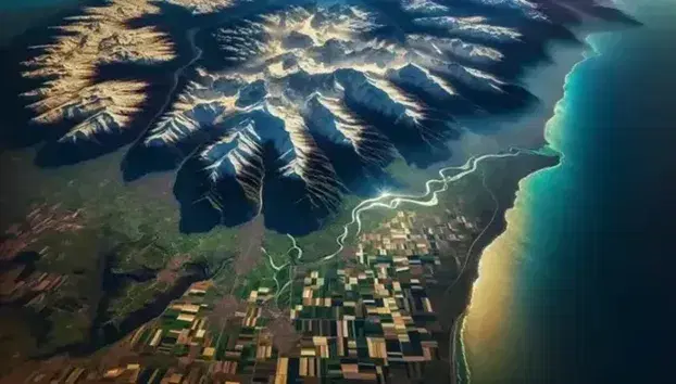 Veduta aerea del paesaggio italiano con montagne innevate, colline verdi, campi coltivati, insediamenti urbani e costa marittima.
