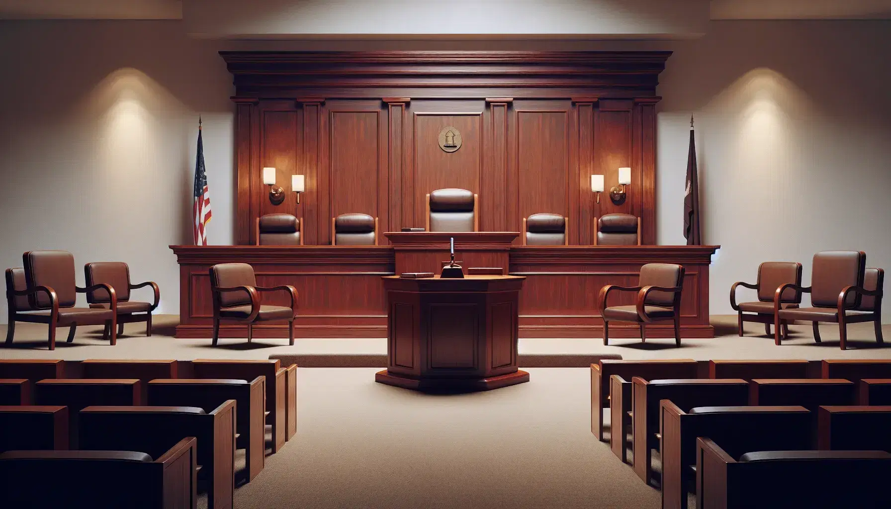 Symmetrical courtroom with a mahogany judge's bench, witness stand, court reporter's desk, unoccupied jury chairs, two solid-color flags, and neutral decor.