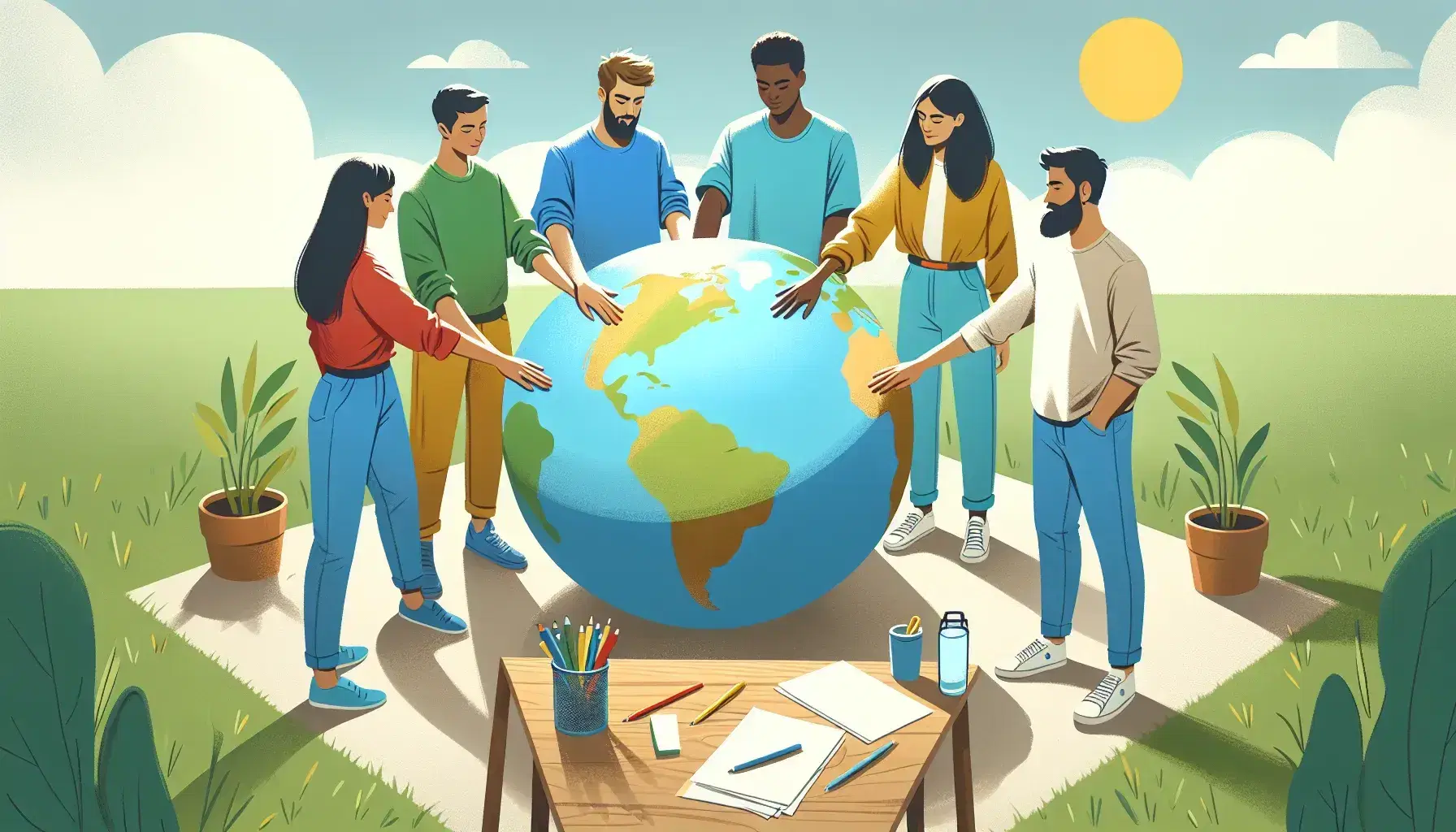 Grupo diverso de cinco personas colaborando al aire libre sosteniendo un globo terráqueo sin marcas, con mesa de trabajo y planta al lado.